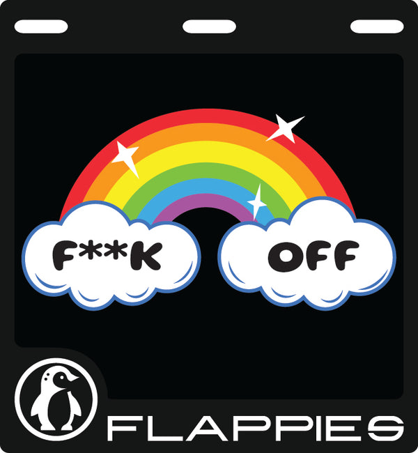 Rainbows & Rage custom mudflaps — printed in Australia